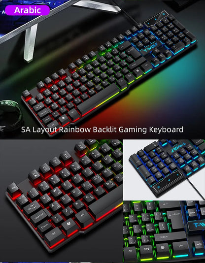 Teclado gaming con sensación mecánica, retroiluminación RGB, teclado con cable USB para oficina y hogar, teclas multimedia, ruso, español, árabe e inglés