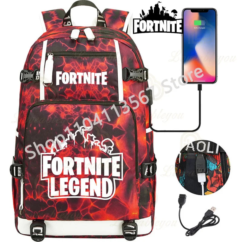 Yule Trooper F-Fortnited Battle Royale Rucksack mit USB-Ladeanschluss, Anime-Figuren, Lern- und Schreibwarenfach für Schüler