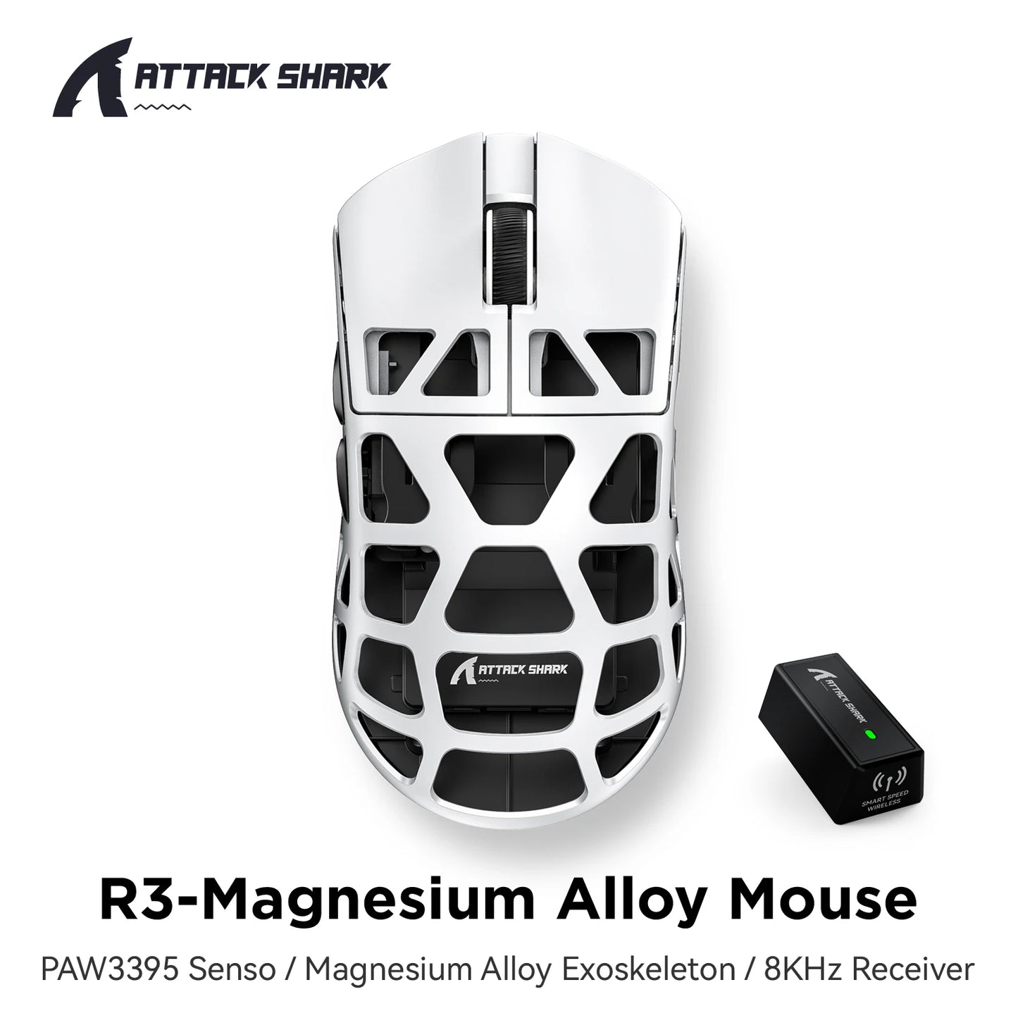 ATTACK SHARK R3 gamer egér magnéziumötvözet méhsejtmintás házzal, ultrakönnyű, 8K Hz, PAW3395 érzékelő, 26000 DPI, ergonomikus kialakítás