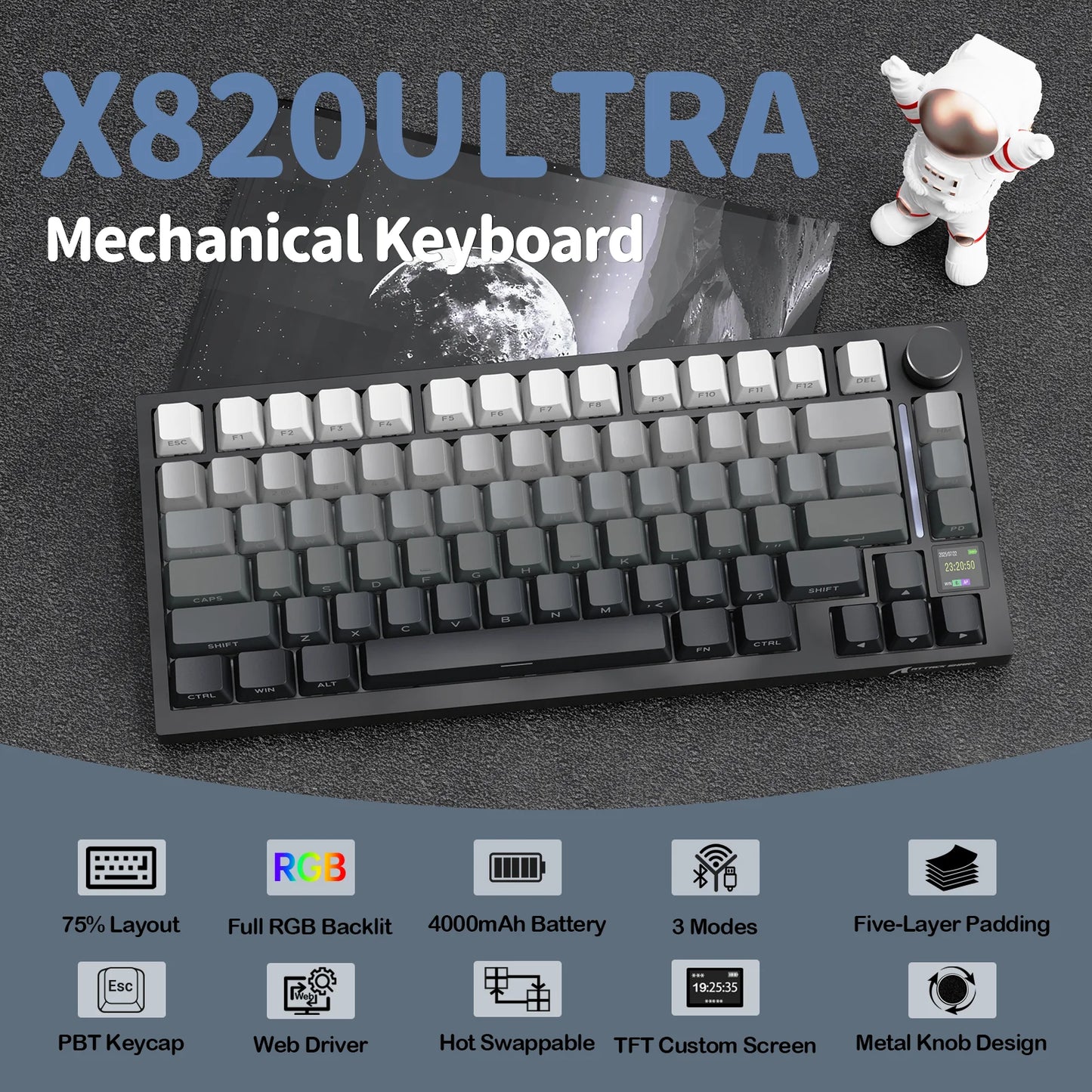 ATTACK SHARK X820 Ultra Wireless Mechanical Keyboard with TFT Smart Display & Knob, 75% Hot Swappable, BT/2.4G/Wired, Gift Switch