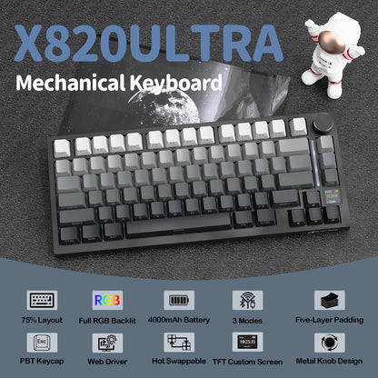 ATTACK SHARK X820 Ultra Wireless Mechanical Keyboard with TFT Smart Display & Knob, 75% Hot Swappable, BT/2.4G/Wired, Gift Switch