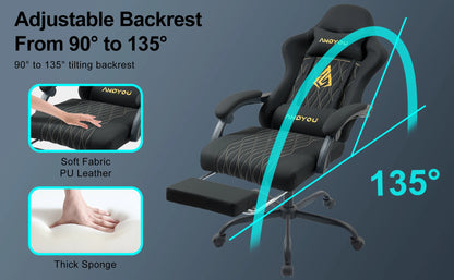Andyou Ergonomic Gaming Chair - Swivel Reclining Gaming Chair, PU Leather Upholstery, Weight Capacity 150kg