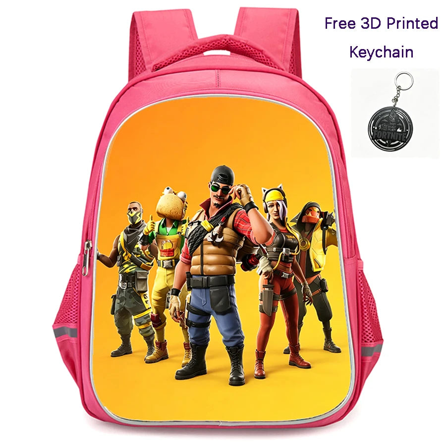 Mochila FORTNITE de 16 polegadas, resistente e leve, bolsos duplos com fecho, estilo cartoon para rapazes e raparigas dos 6 aos 10 anos, porta-chaves 3D impresso grátis