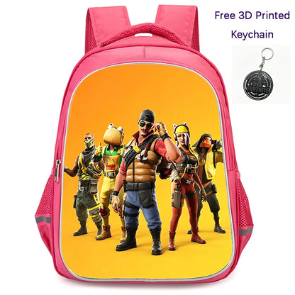 Mochila FORTNITE de 16 polegadas, resistente e leve, bolsos duplos com fecho, estilo cartoon para rapazes e raparigas dos 6 aos 10 anos, porta-chaves 3D impresso grátis