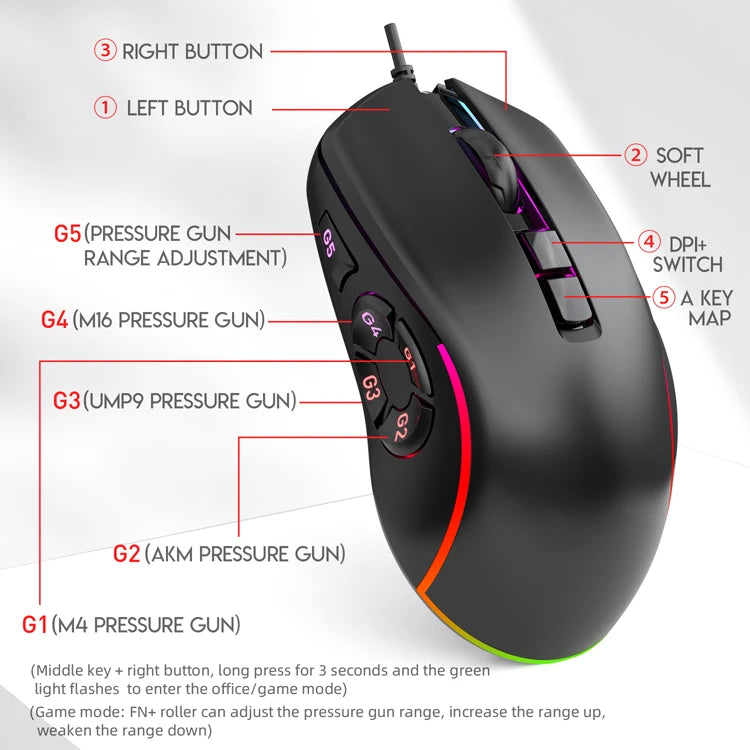 Vezetékes gamer irodai egér 7200DPI RGB háttérvilágítással, 6 állítható DPI-szinttel/10 programozható gombbal/asztalra visszalépő gombbal