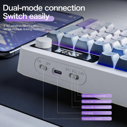XUNFOX TK100 Bluetooth Wireless Dual-Mode Keyboard, 98-Key RGB Wireless Gaming Keyboard with Rechargeable Battery for Desktop, Laptop & Office