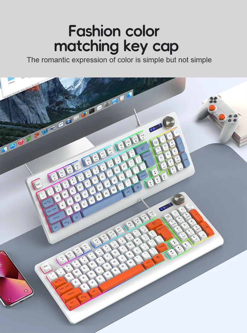 93 Keys Wired Gaming Keyboard with RGB Backlight Multi-Function Knob Color Matching Mechanical Feel Keyboard for PC Laptop Gamer