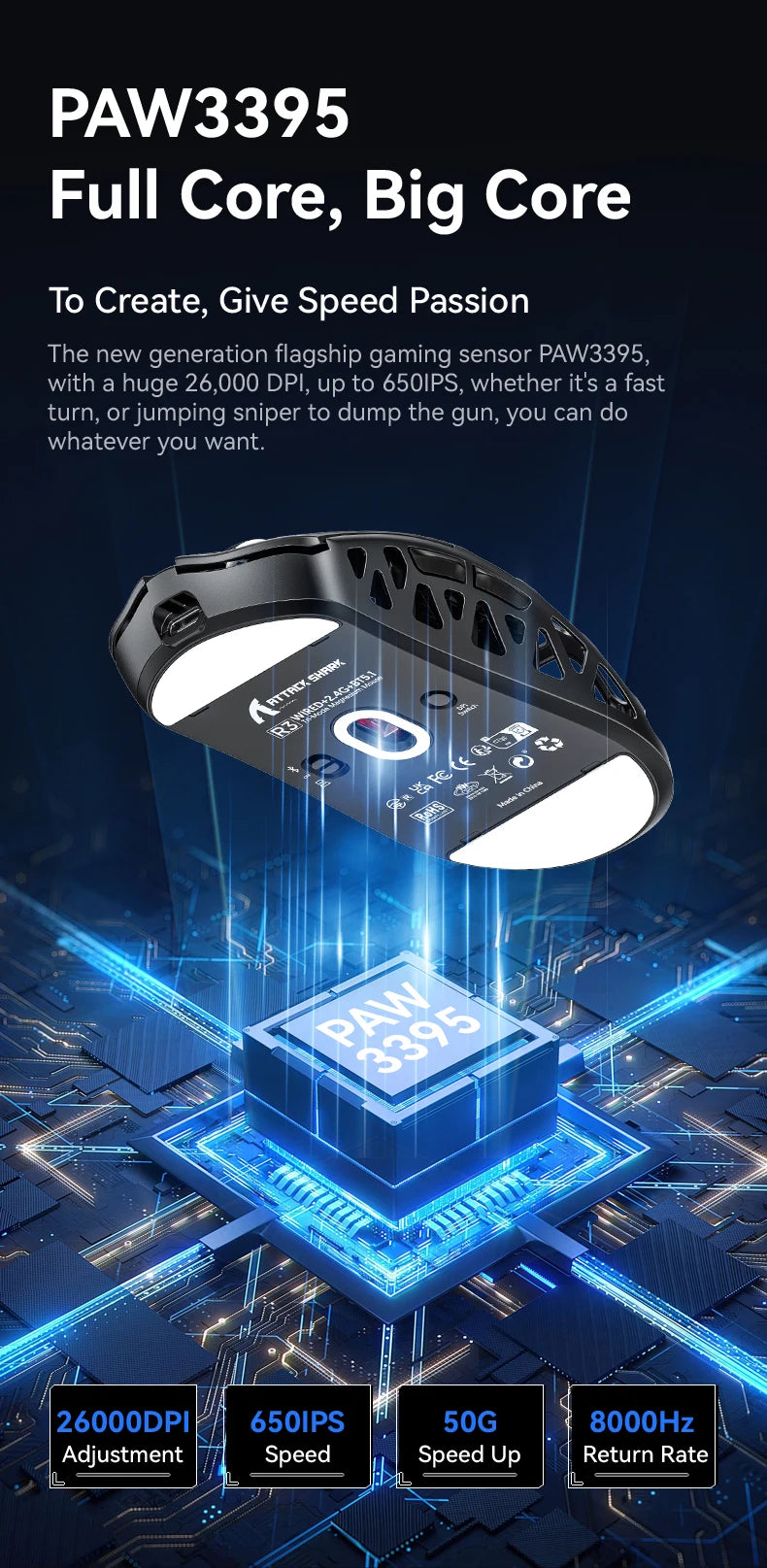 ATTACK SHARK R3 gamer egér magnéziumötvözet méhsejtmintás házzal, ultrakönnyű, 8K Hz, PAW3395 érzékelő, 26000 DPI, ergonomikus kialakítás