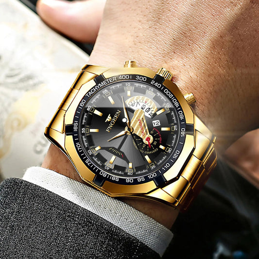 BINBOND luxury quartz wristwatch for men, luminous, water-resistant, automatic date, stainless steel