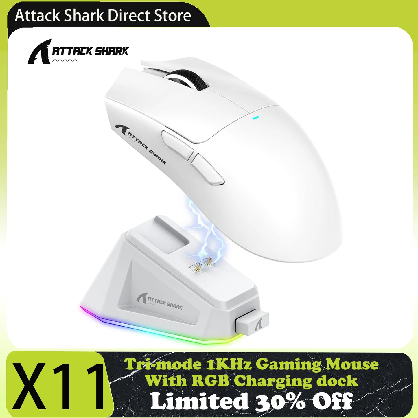Attack Shark X11 hárommódú gaming egér mágneses töltődokkolóval, PixArt PAW3311 érzékelővel, 22K DPI, BT/2.4Ghz/vezetékes, PC/MAC-hez