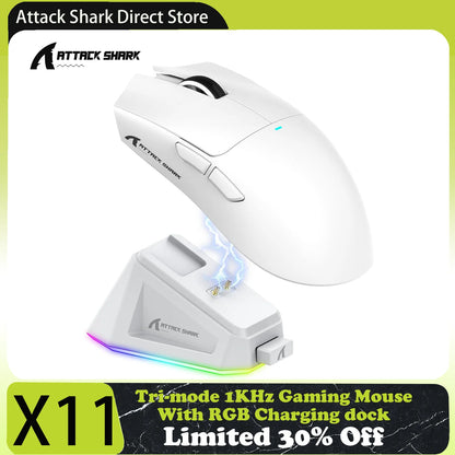 Attack Shark X11 hárommódú gaming egér mágneses töltődokkolóval, PixArt PAW3311 érzékelővel, 22K DPI, BT/2.4Ghz/vezetékes, PC/MAC-hez