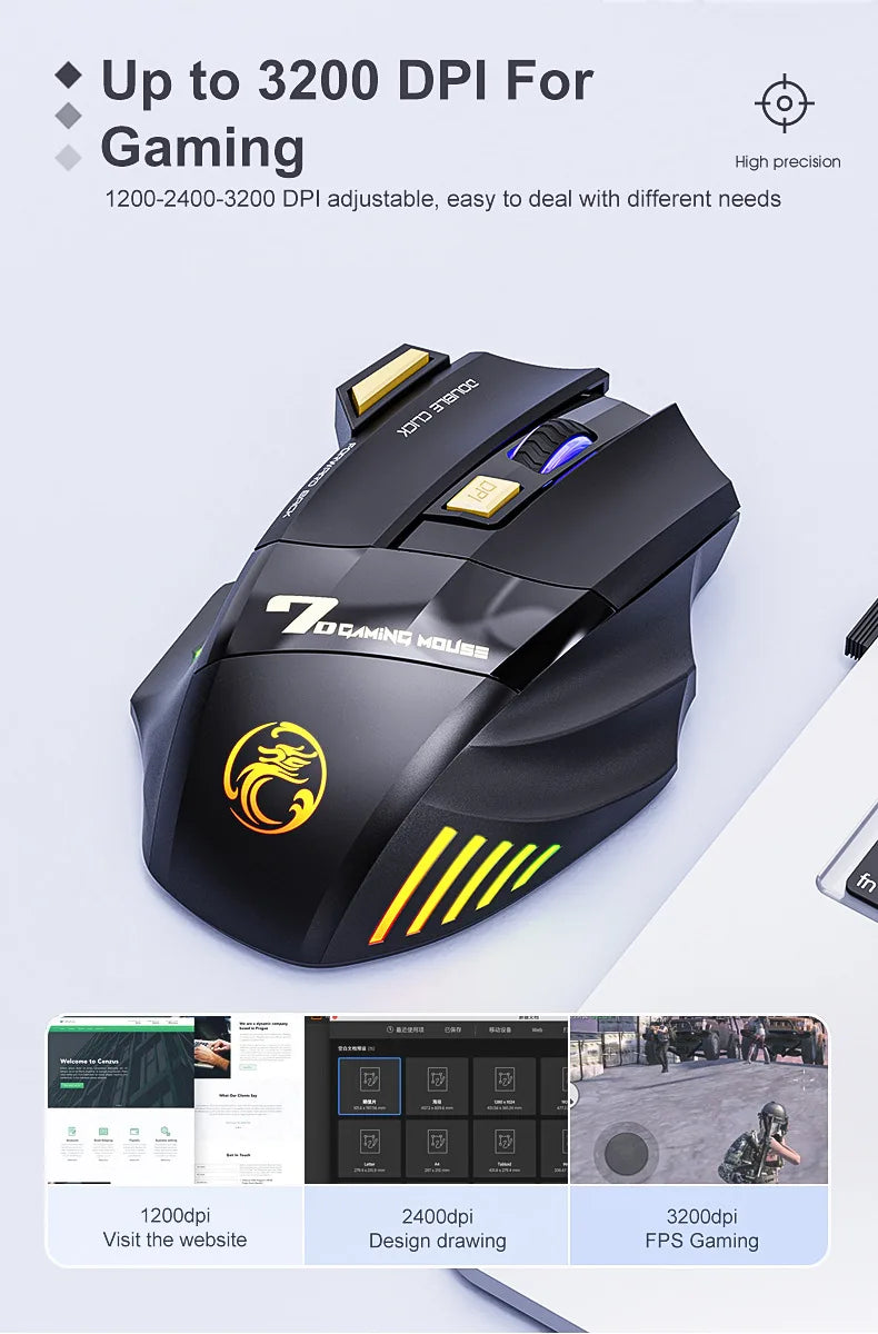 Ratón gaming inalámbrico USB IMICE GW-X7 3200DPI de doble modo, recargable, 7 teclas, 2.4Ghz, silencioso, Bluetooth, LED de respiración de 7 colores
