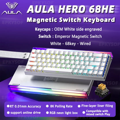 AULA HERO 68HE Magnetic Switch Keyboard RGB Gaming Mechanical Keyboard, 8K Rapid Trigger Wired Gaming Keyboard with Hot-Swappable Magnetic Switches, PBT Keycaps, 68-Key Esports Keyboard