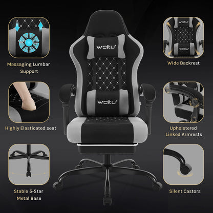 WOLTU snurrbar datorstol med massagefunktion, ergonomisk kontorsstol med kudde och fotstöd, höjdjusterbar gamingstol