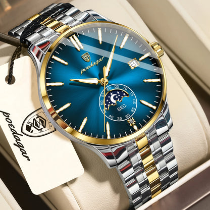 Relógio de luxo para homem POEDAGAR, estilo casual, em aço inoxidável, com movimento de quartzo, à prova de água, luminoso, com data, elegante.