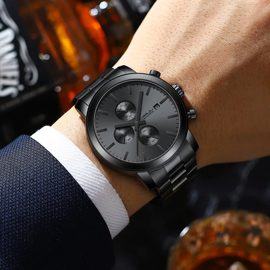Herrenuhr CRRJU – Chronograph aus Edelstahl, wasserdicht, mit Datumsanzeige, analogem Quarzwerk, eleganter und professioneller Stil