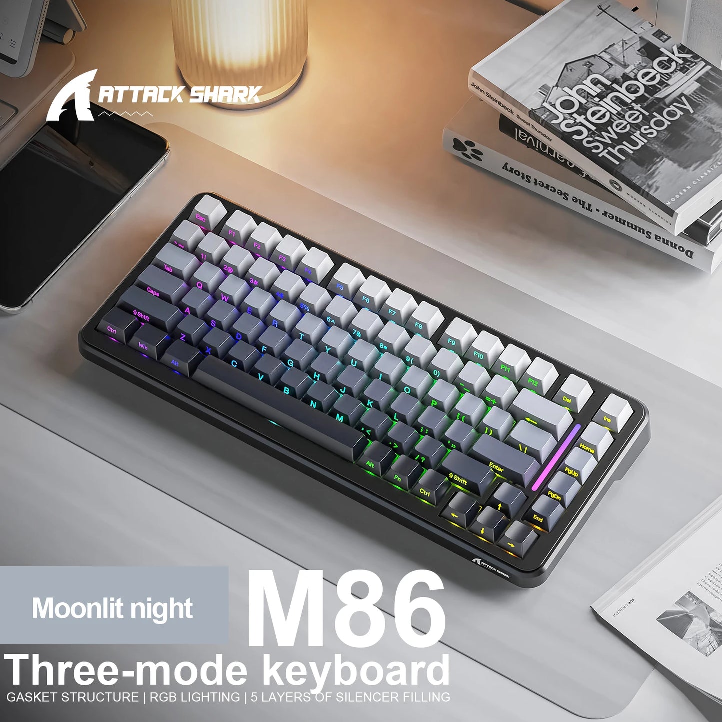 Attack Shark M86 Wireless Mechanical Keyboard 75% Compact RGB Backlit Hot-Swappable Side-Printed PBT Keycaps Tri-Mode 4000mAh