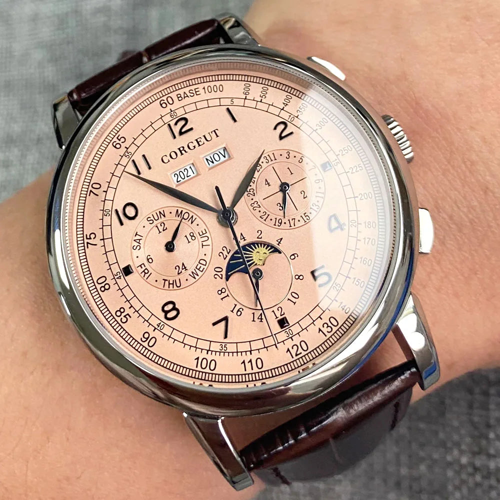 Relógio Automático para Homem Multifunções Data Dia Mês Ano 316L Relógio Mecânico Masculino Caixa Polida Indicador Dia/Noite 42mm