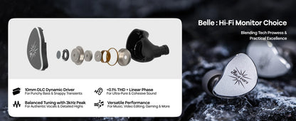 Linsoul Kiwi Ears Belle HiFi Earphones 10mm DLC Dynamic Driver IEM Wired Earbuds, Precision Sound Signature In-Ear Monitor for Audiophile Music & Gaming