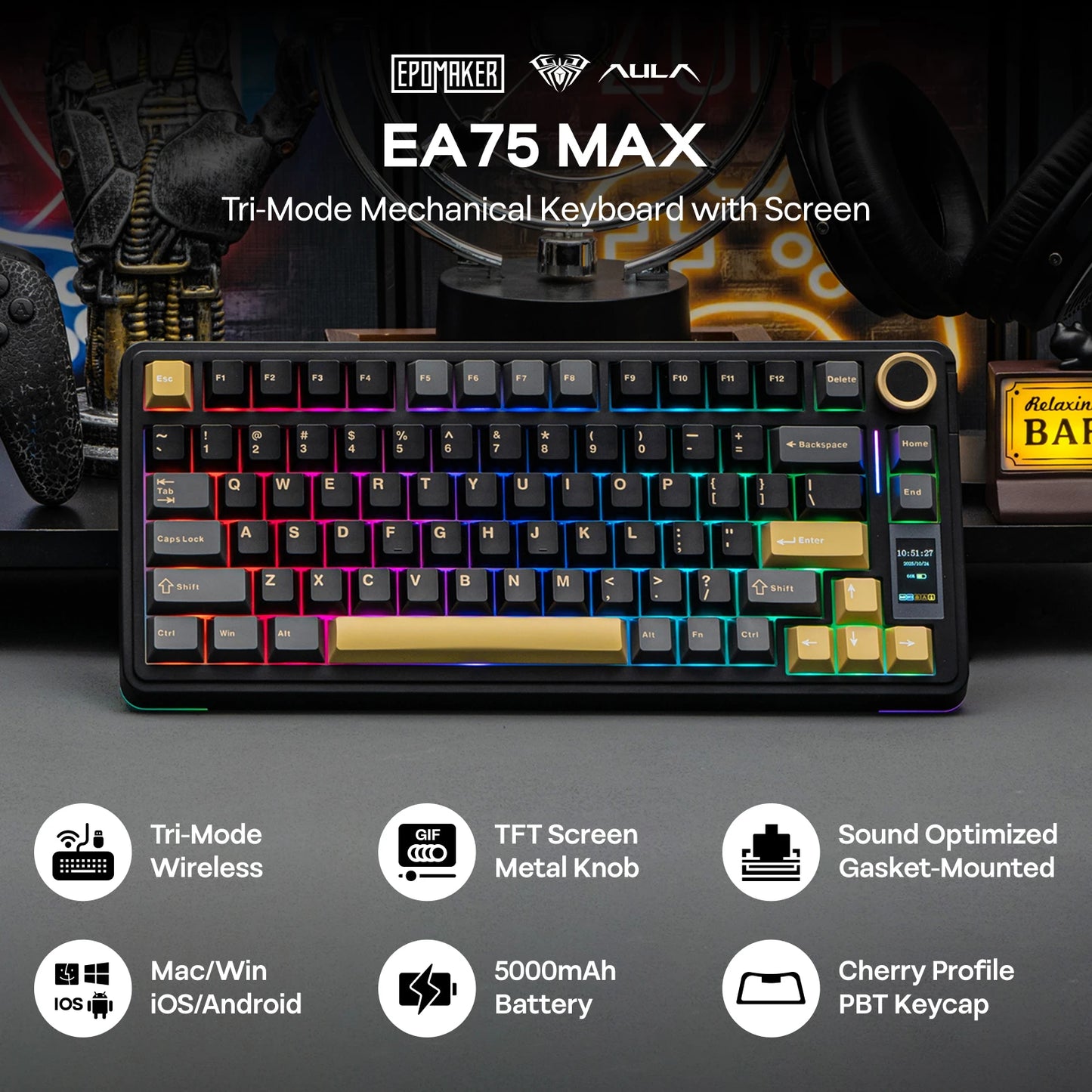 Teclado mecánico EPOMAKER X AULA EA75 MAX 75% ANSI US con hot-swap, montaje gasket, conexión por cable/BT/inalámbrica 2.4GHz, pantalla y perilla