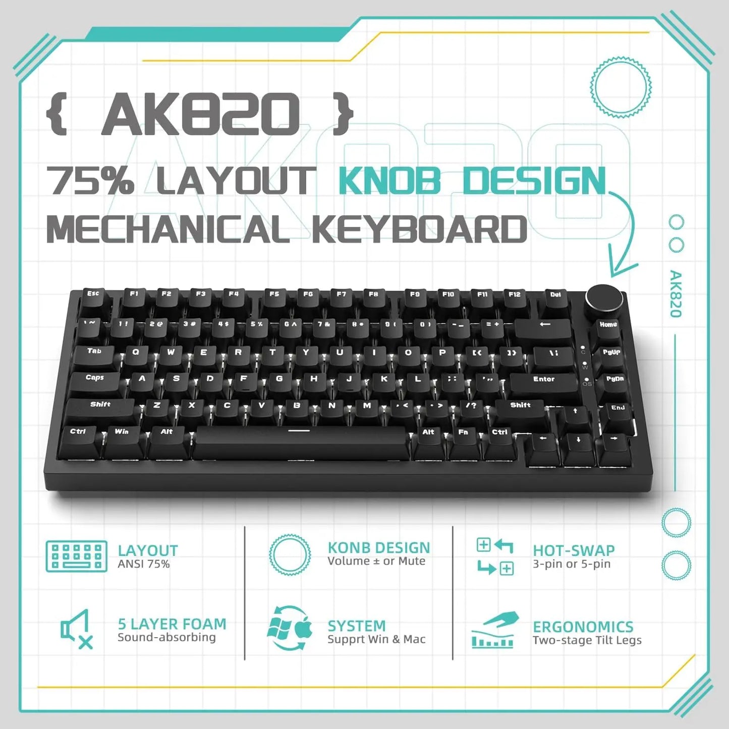 AJAZZ AK820 Wired Gaming Mechanical Keyboard RGB Backlight Hot-Swap Switches, 70% Compact Layout, PC/Mac Compatible