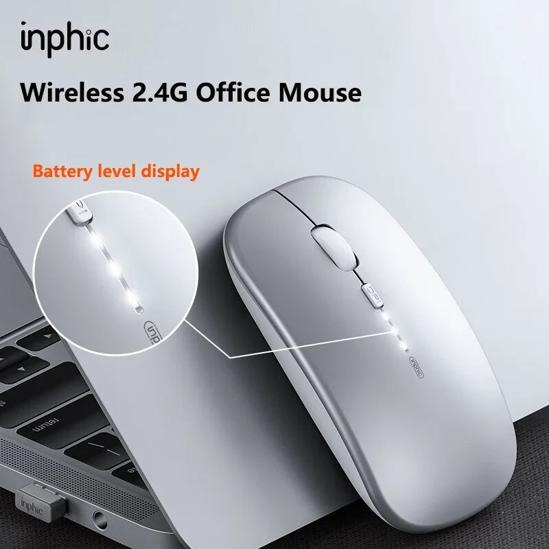 Inphic M1P Wireless Silent Mouse, Ultra-Thin Rechargeable 2.4G Office Mouse with USB Receiver, Type-C Charging, Battery Display & DPI Control
