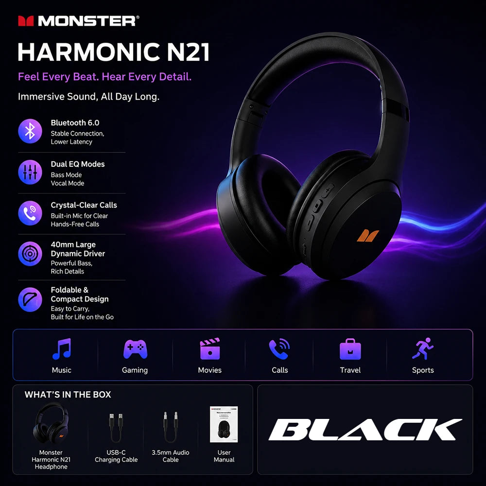 Casque Bluetooth 6.0 Monster Harmonic N21, mode double égaliseur, son stéréo immersif, casque supra-auriculaire pliable filaire/sans fil