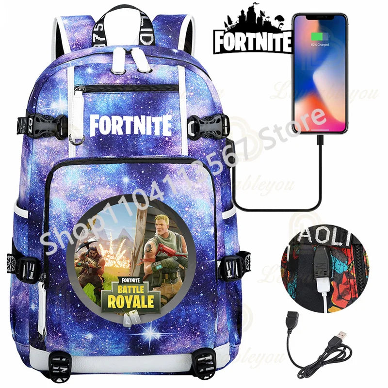 Ultima Knight F-Fortnited Battle Royale Backpack with USB Charging Anime Figures Study Stationery Compartment for Students