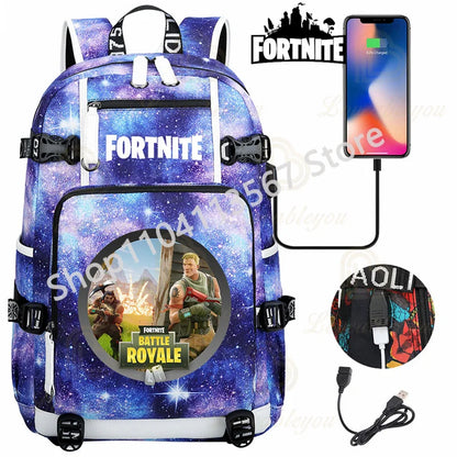 Ultima Knight F-Fortnited Battle Royale Backpack with USB Charging Anime Figures Study Stationery Compartment for Students