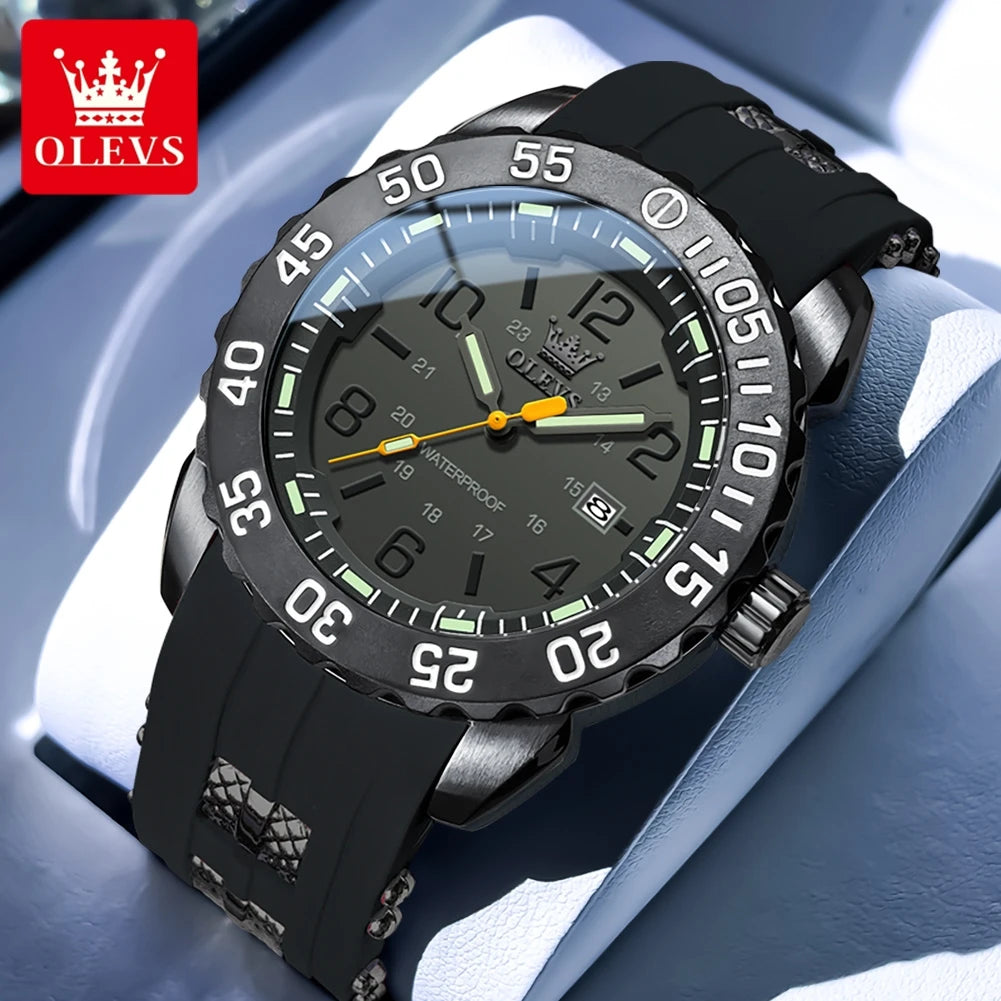 OLEVS Luxury Men's Fashion Quartz Watch Waterproof Luminous Orange Silicone Strap Sports Men Military Wristwatches Watch for Men