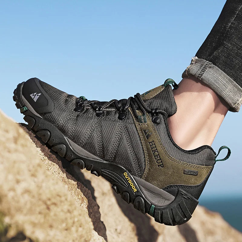 HIKEUP miesten neljän vuodenajan vaelluskengät – ulkoiluun ja urheiluun, aitoa nahkaa, kulutusta kestävät kiipeilykengät, kumipohjaiset trekking-sneakerit