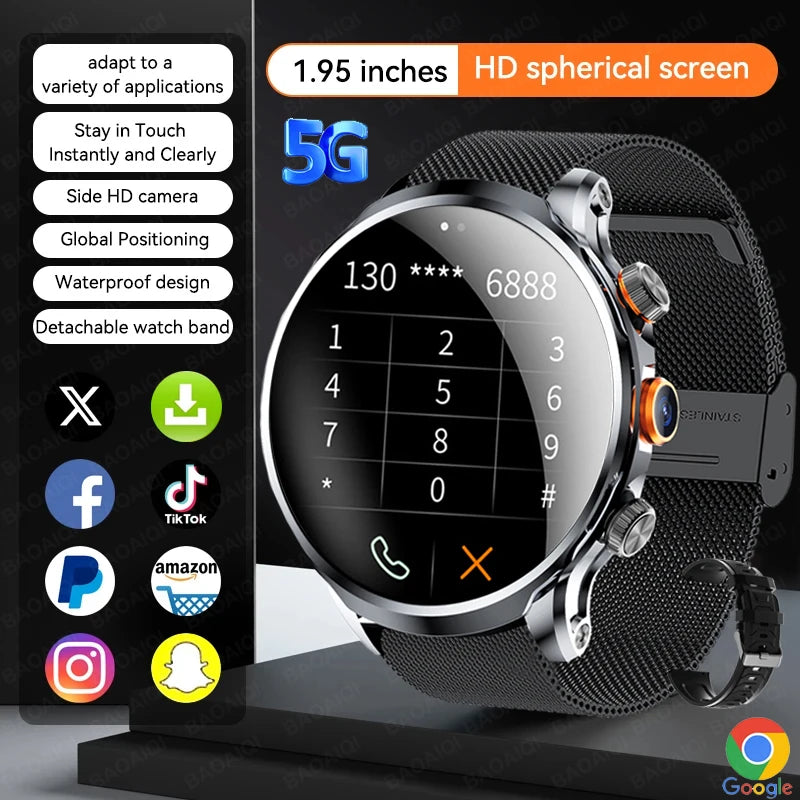 8GB+128GB RAM 5G/4G Smart Watch 1.95 inch AMOLED 1880mah Battery 500W Camera GPS WIFI Google APP Download Smartwatch Android 9.0