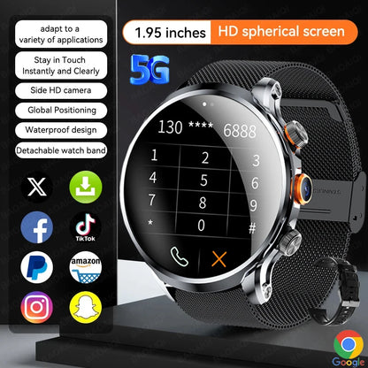 8GB+128GB RAM 5G/4G Smart Watch 1.95 inch AMOLED 1880mah Battery 500W Camera GPS WIFI Google APP Download Smartwatch Android 9.0