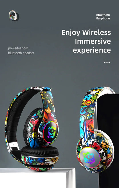 New Graffiti Wireless Bluetooth Gaming Headset LX-8686 with Mic, LED Light, TF Card Support, Deep Bass Over-Ear Headphones for PC, Gaming & Kids