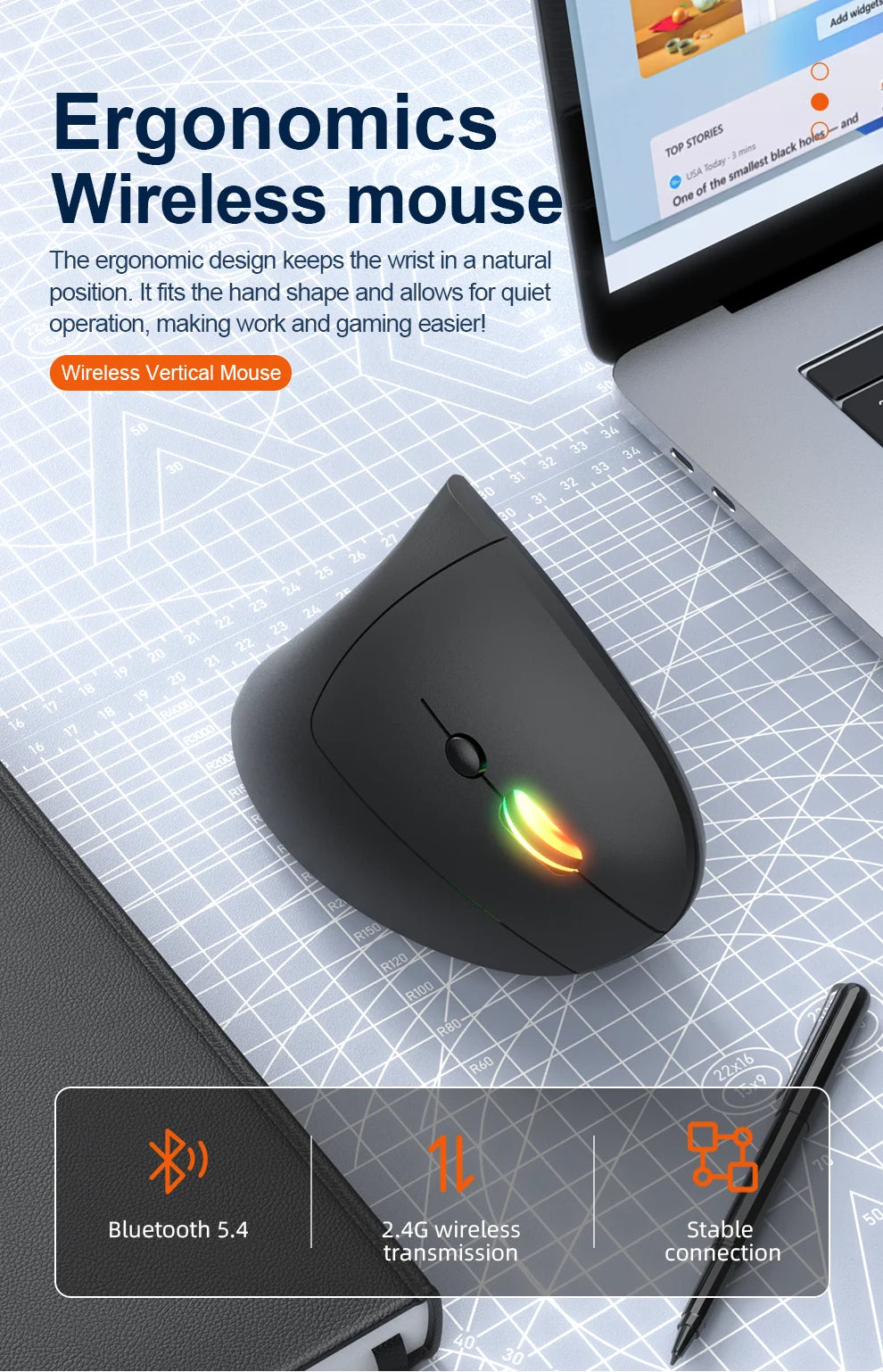 2.4G Bluetooth vezeték nélküli függőleges egér, újratölthető, ergonomikus, 1600DPI állítható gaming egér, 6 gombos, laptophoz, PC-hez és számítógéphez
