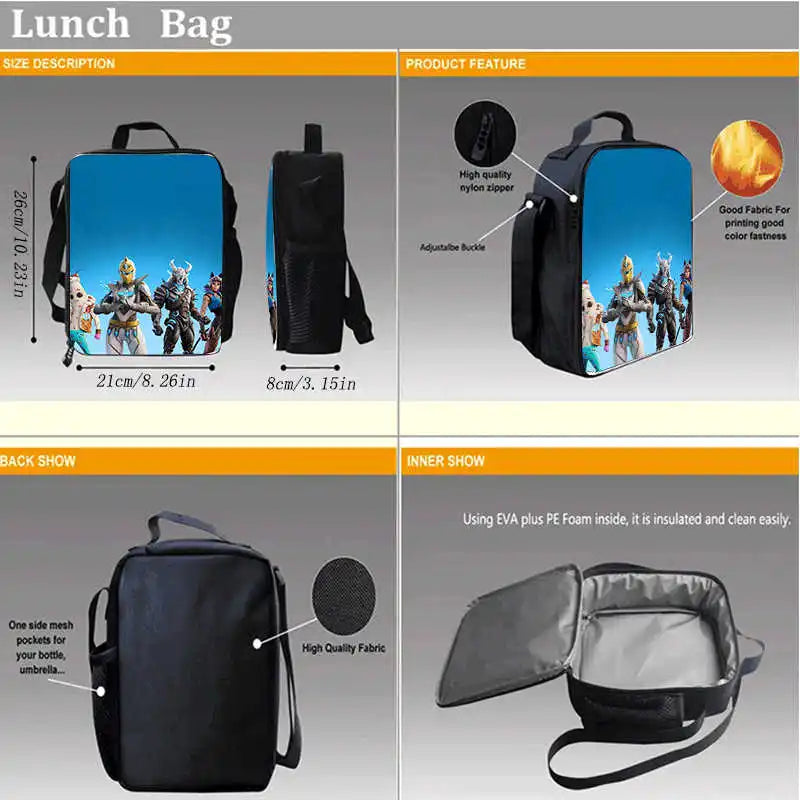 Lunch-Taschen für Kinder, Cartoon-Fortnite-Schul- und Picknicktaschen für Mädchen und Jungen, isolierte Kühltaschen für Kinder, tragbar und leicht