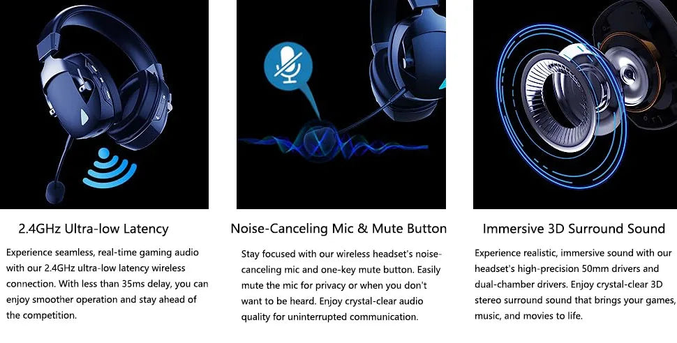 Gaming-Headset mit abnehmbarem Mikrofon mit Geräuschunterdrückung – kabelloses 3-Modi-Gaming-Headset mit Bluetooth 5.3, 2.4G USB und kabelgebundenem 3.5mm-Anschluss sowie 50mm-Treibern