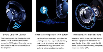 Gaming-Headset mit abnehmbarem Mikrofon mit Geräuschunterdrückung – kabelloses 3-Modi-Gaming-Headset mit Bluetooth 5.3, 2.4G USB und kabelgebundenem 3.5mm-Anschluss sowie 50mm-Treibern