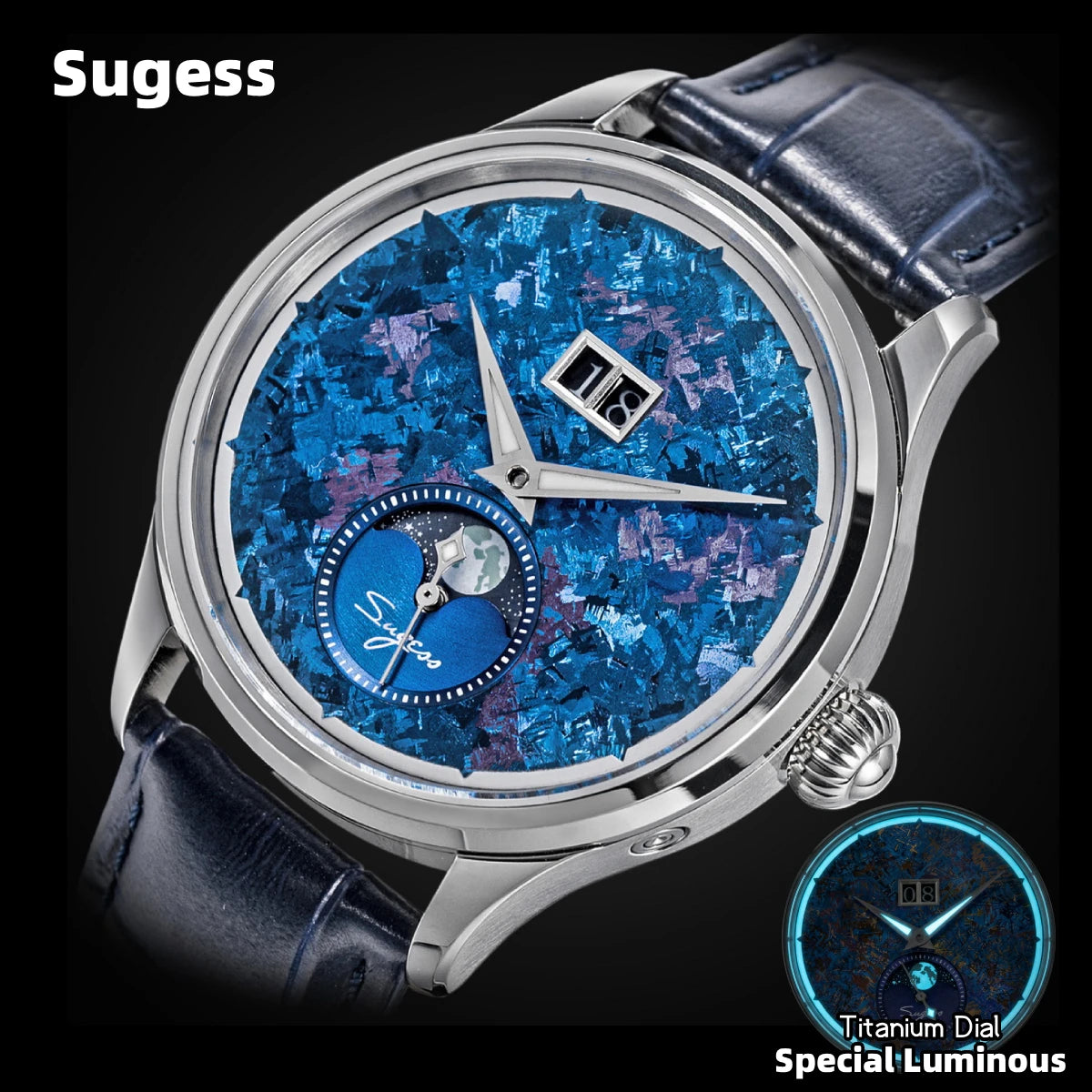 Sugess Watch of Men Moonphase ST2528 Movement Automatic Mechanical Wristwatches Waterproof Sapphire Crystal Titanium Dial S401