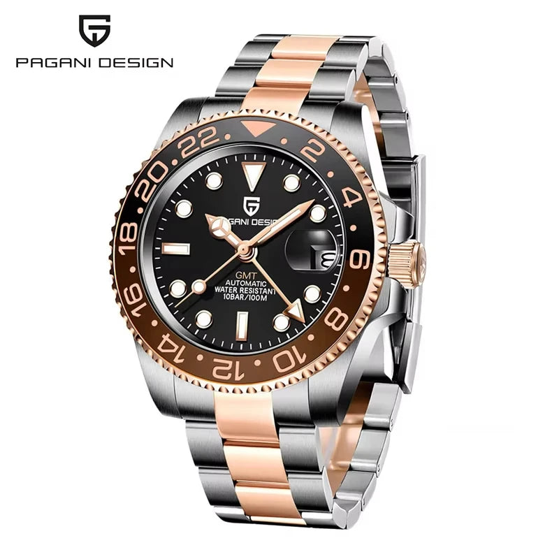 PAGANI DESIGN 40mm GMT Men's Mechanical Watches Rubber Strap Rotating Bezel 100 Waterproof Sports Wristwatch Mens Business Clock