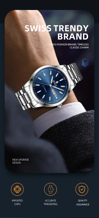 RUIGE Weekly Calendar Men's Fully Automatic Mechanical Watch Stainless Steel Business Men's Night Light Waterproof Versatile Wat