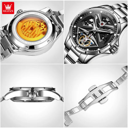 OLEVS 6655 men’s watch, fully automatic skeleton model; luxury mechanical wristwatch, luminous and water-resistant.