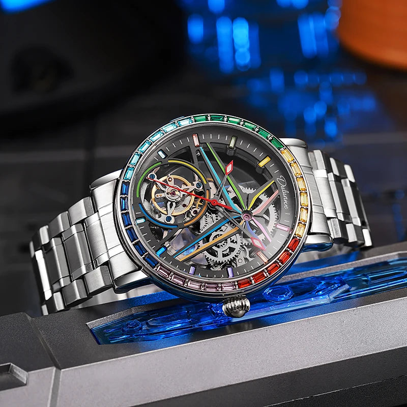 Pánské skeletové hodinky v módním stylu, zdobené drahokamy v barvách duhy, vybavené tourbillonem; luxusní mechanické hodinky s automatickým nátahem, vodotěsné do hloubky 30 metrů.