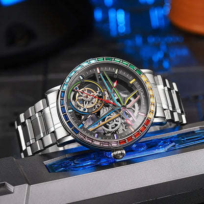 Pánské skeletové hodinky v módním stylu, zdobené drahokamy v barvách duhy, vybavené tourbillonem; luxusní mechanické hodinky s automatickým nátahem, vodotěsné do hloubky 30 metrů.