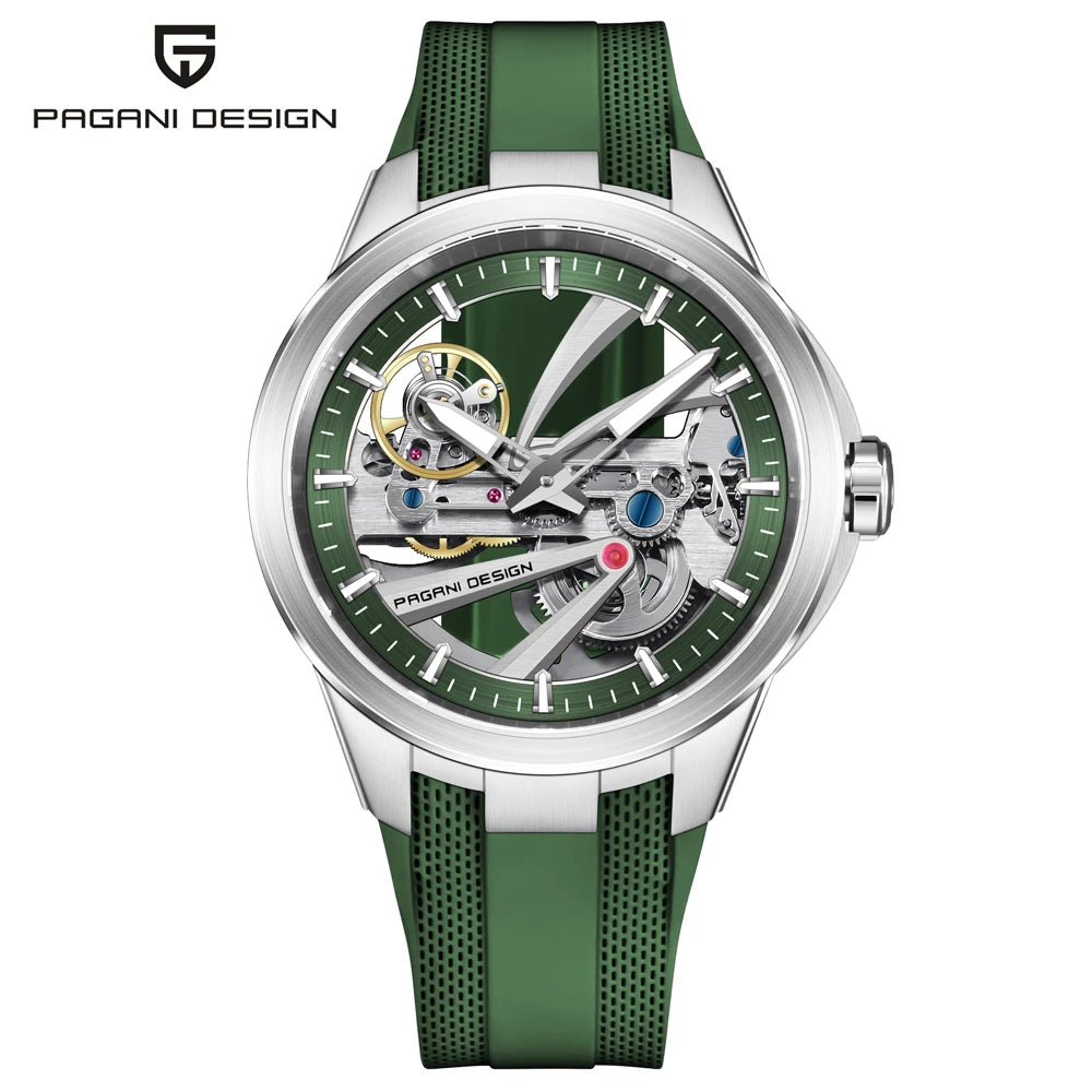 Herrklocka från PAGANI DESIGN – Mekanisk automatisk lyxmodell av typen ”skelett” (öppen mekanism), utrustad med en tourbillon, safirglas med antireflexbehandling, vattentät och självlysande.