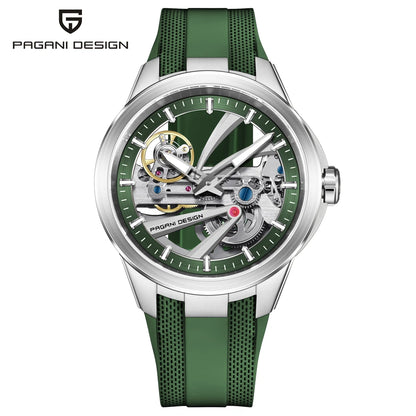 Herrklocka från PAGANI DESIGN – Mekanisk automatisk lyxmodell av typen ”skelett” (öppen mekanism), utrustad med en tourbillon, safirglas med antireflexbehandling, vattentät och självlysande.