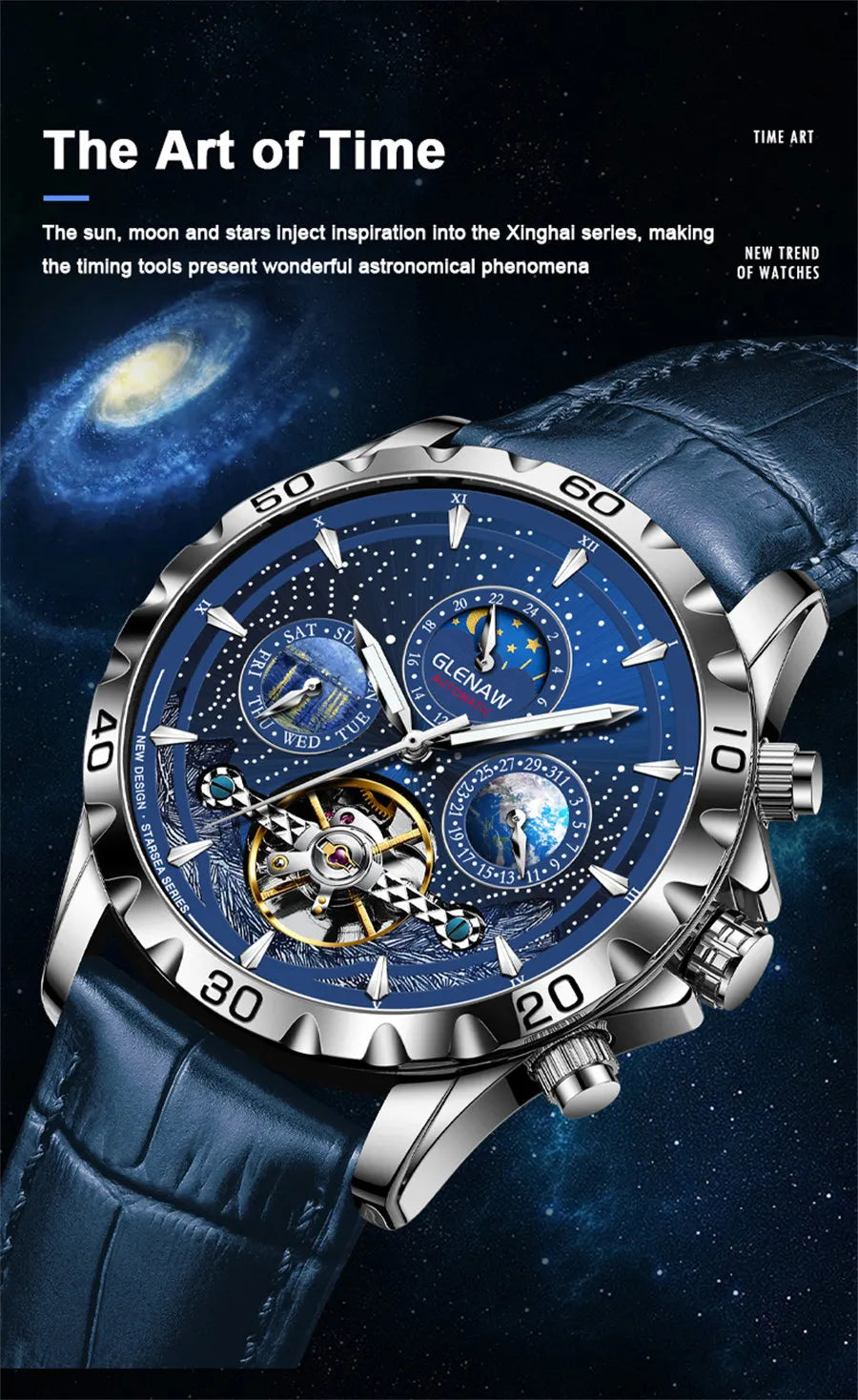 Relojes para hombre GLENAW Design, marca líder de lujo, moda y negocios, reloj automático impermeable para hombre, reloj mecánico para hombre