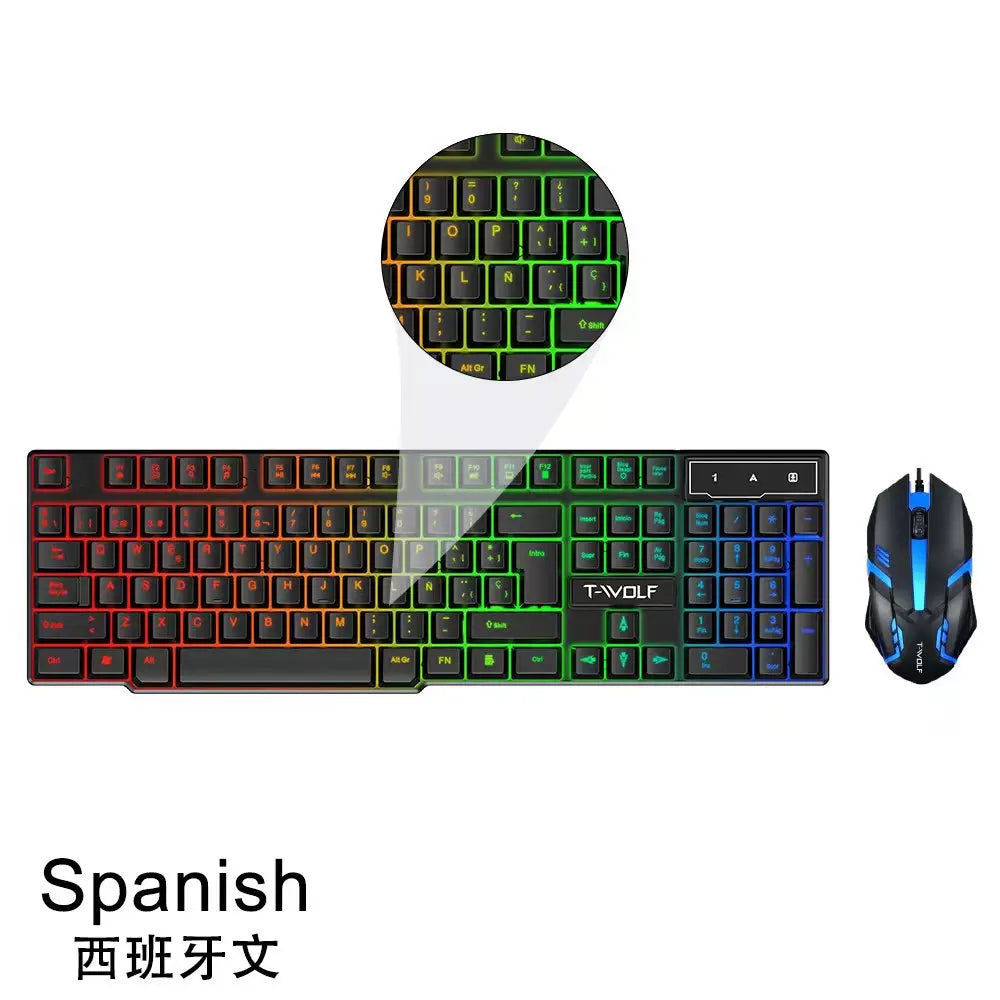 Spanish Keyboard with Ñ Russian Keyboard ISO 100% Layout 104 Keys Spanish Russian Gaming Keyboard Mouse Kit Backlight Wired T20
