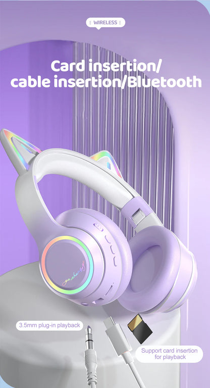 RGB Cat Ear Bluetooth Headphones Wireless Kids Headset with Microphone, Gradient LED Light Gaming Headphones, Stereo Music Bluetooth 5.3 Earphones for Girls