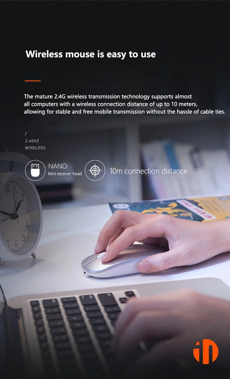 Inphic M1P Wireless Silent Mouse, Ultra-Thin Rechargeable 2.4G Office Mouse with USB Receiver, Type-C Charging, Battery Display & DPI Control
